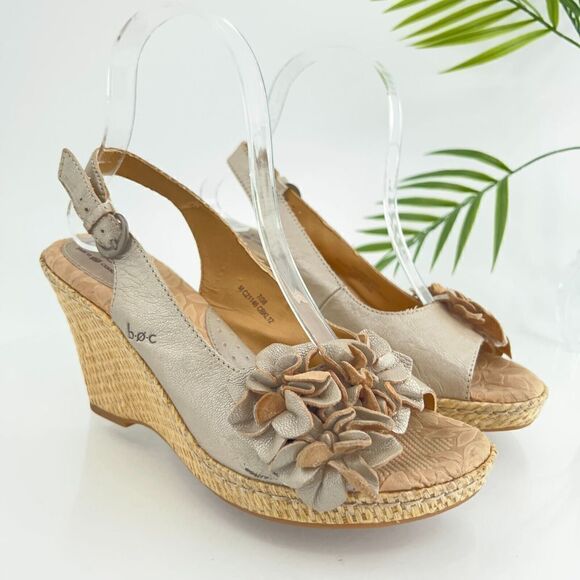 Born Women's Sandal Size 7 Woven Wedge Platform Slingback Flowers Silver Tan - Picture 1 of 16